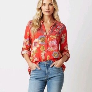 Johnny Was Blouse Red Floral Embroidered Handkerchief Hem Boho XL
